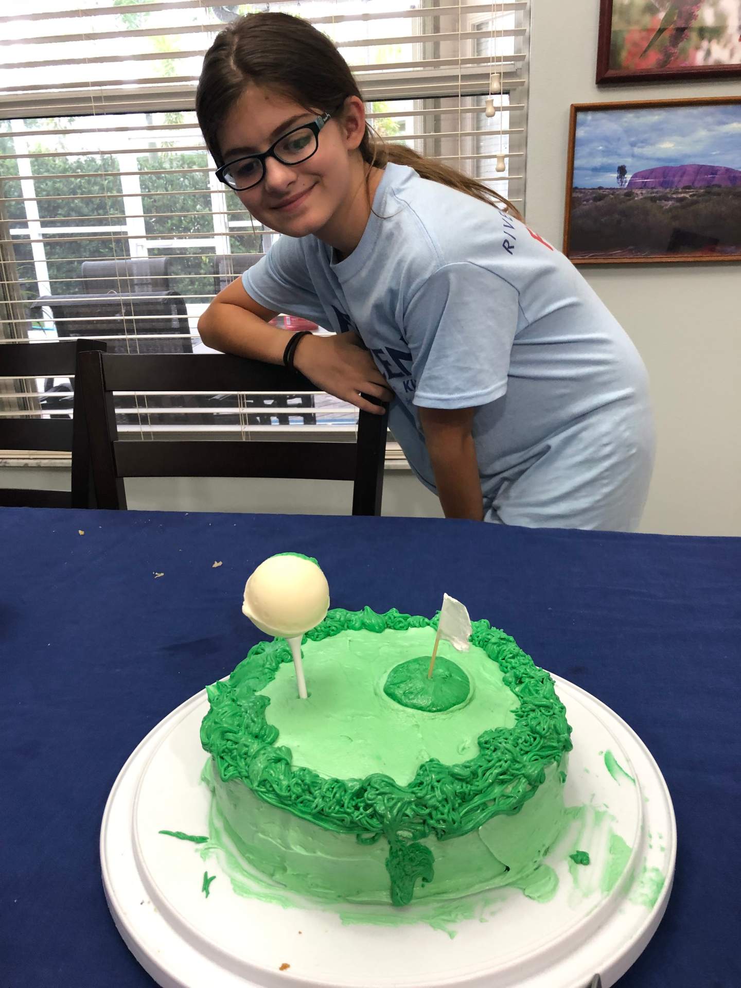 Golf course themed confetti cake, with molded white chocolate golf ball